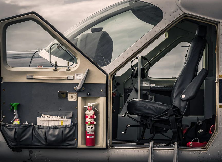 Aviation fire extinguisher in a cockpit
